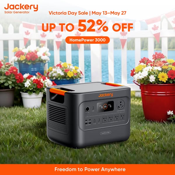 This image promotes Jackery power stations for the Victoria Day Sale. The ad features a Jackery HomePower 3000 product s