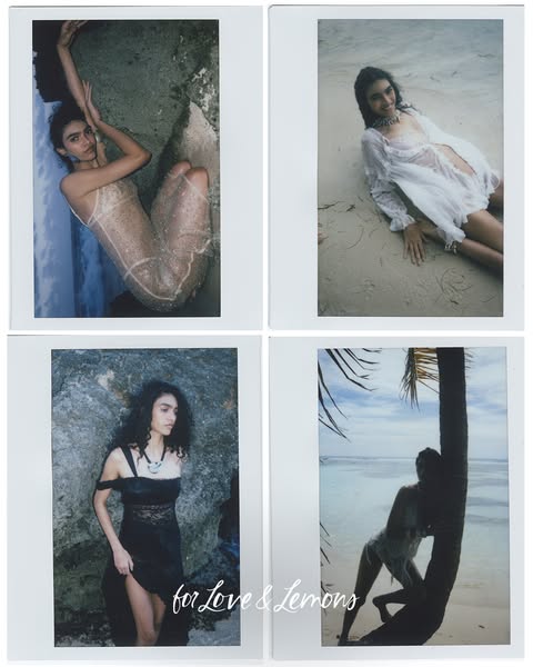 The ad features a grid of four polaroid-style images of a model wearing different For Love & Lemons dresses in beach