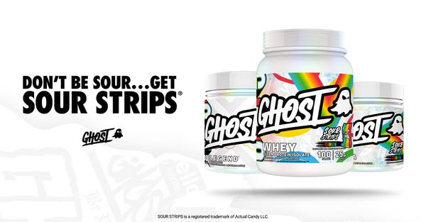 This ad showcases the Ghost brand's Sour Strips flavored whey protein isolate and pre-workout supplement. The creati