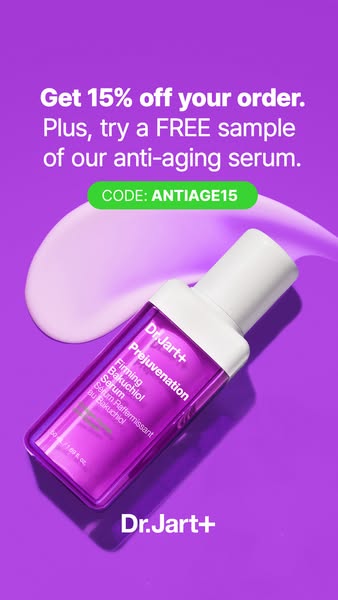 This image ad promotes Dr. Jart+'s anti-aging serum with a discount and free sample offer.