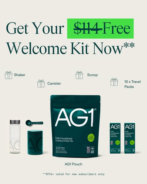 Image ad for AG1 promoting a welcome kit including shaker, canister, scoop and travel packs for new subscribers.