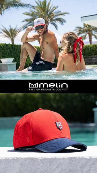 This ad features a couple relaxing by the pool, with a focus on the brand's headwear. The image promotes a lifestyle