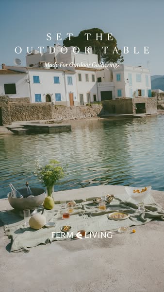 An image ad for Ferm Living, a homewares brand, features a table set with various homewares, including glassware and dis