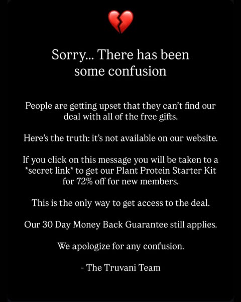 This image ad from Truvani addresses customer confusion about finding a deal with free gifts. It informs the audience th