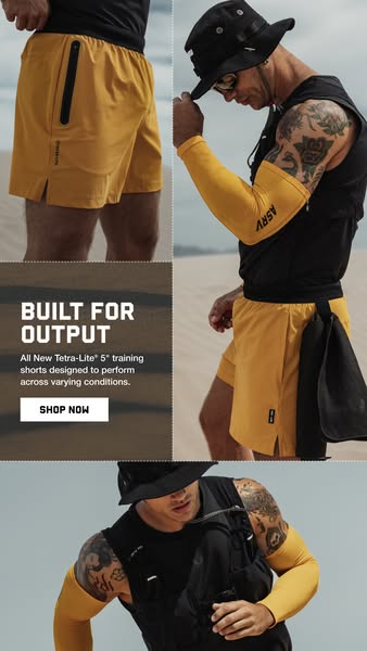 This ad showcases the ASRV Tetra-Lite 5" training shorts. It emphasizes the product's design for performance ac