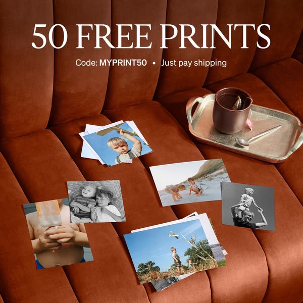 The ad promotes a deal for 50 free prints when a coupon code is applied and shipping is paid for.