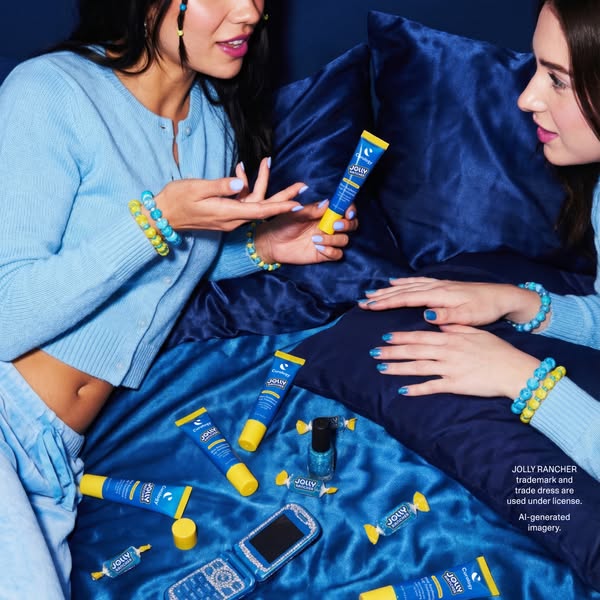 An image promoting a lip care product, in collaboration with Jolly Rancher, that moisturizes and protects lips. The ad s