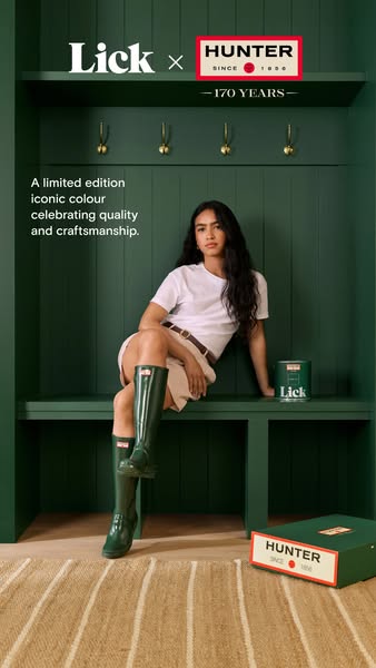 An advertisement for Lick paint and Hunter Boots' limited-edition iconic color celebrating quality and craftsmanship
