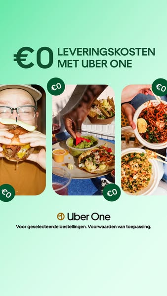 This image ad is for Uber One, promoting zero delivery fees with a membership. The ad features a lime green background a