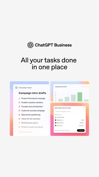This ad highlights the broad utility and collaborative capabilities of ChatGPT Business, aimed at streamlining tasks and