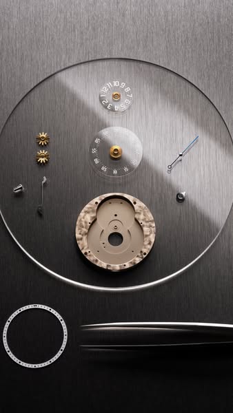 The ad shows a detailed, top-down view of the components of a watch being assembled, highlighting the precision and craf