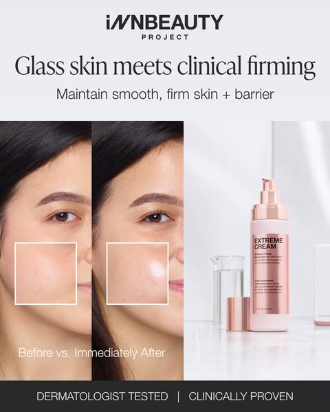 An ad showing a before and after image of a woman's face, along with product information for INNBEAUTY PROJECT Extre