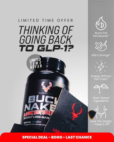 This image promotes Bucked Up's Buck Naked weight loss supplement as an alternative to GLP-1 medications. It highlig