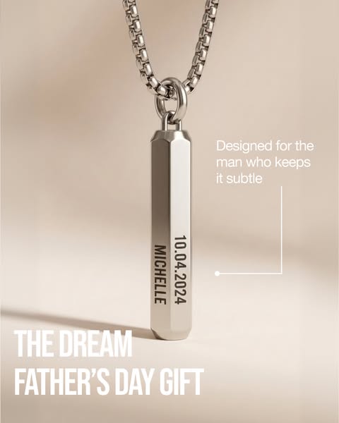 This image ad showcases a personalized necklace designed as a Father's Day gift. It features a close-up of the penda