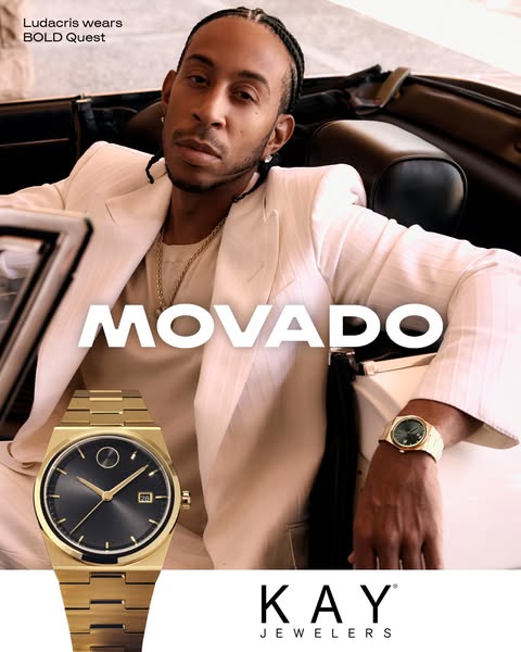 An advertisement featuring Ludacris for Movado watches available at Kay Jewelers.