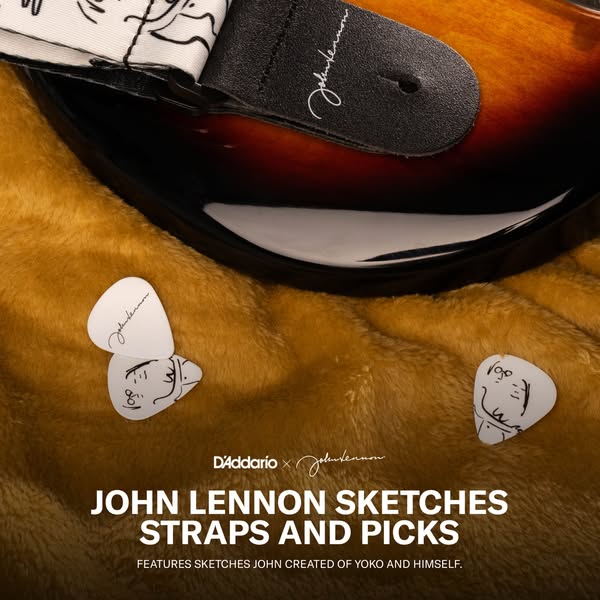 This image showcases D'Addario's John Lennon Sketches Straps and Picks. The image includes a close up of the gui