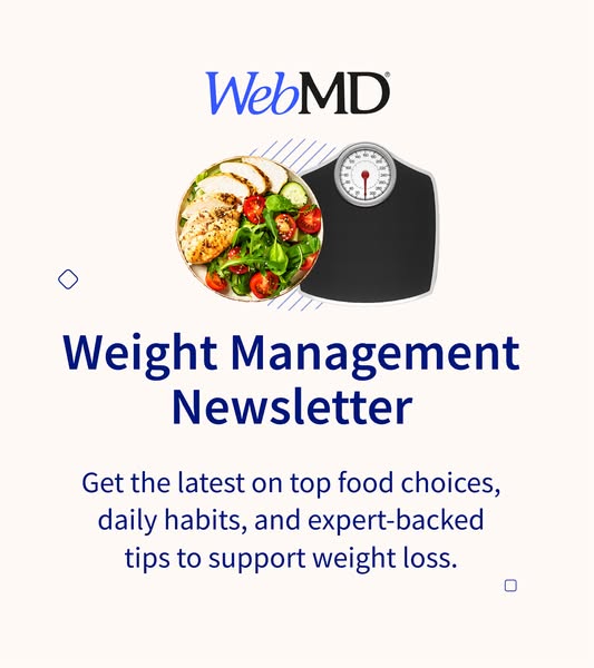 This image ad promotes a weight management newsletter from WebMD, highlighting top food choices, daily habits, and exper