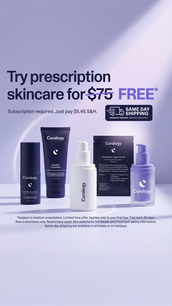 The ad promotes Curology and offers a free trial of their prescription skincare.