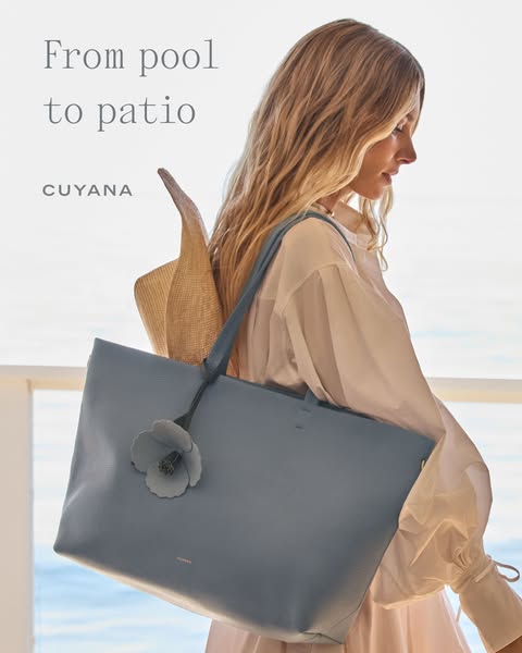 This ad for Cuyana features a woman carrying a light blue tote bag with a flower decoration. The ad’s headline, "Fr