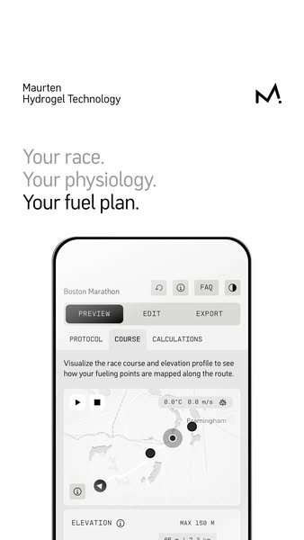 The image is an ad for Maurten's Hydrogel Technology, an app designed to help runners optimize their race plans, foc
