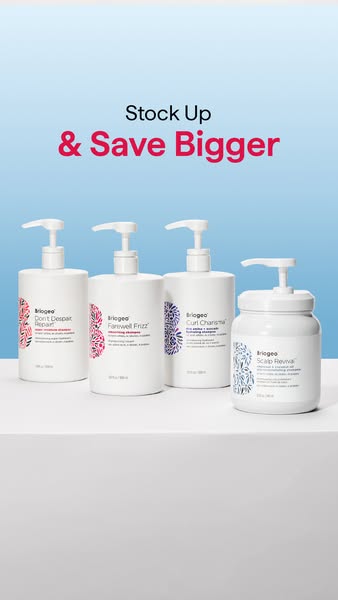 This image ad by Briogeo features 4 different hair care products, highlighting a sale when you stock up.