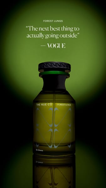 This ad features a product shot for The Nue Co. Forest Lungs fragrance. The ad uses a quote from Vogue to promote the pr