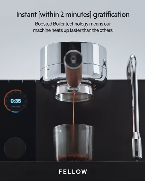 This ad for Fellow features their espresso machine, highlighting the machine's speed in brewing espresso. The ad sho