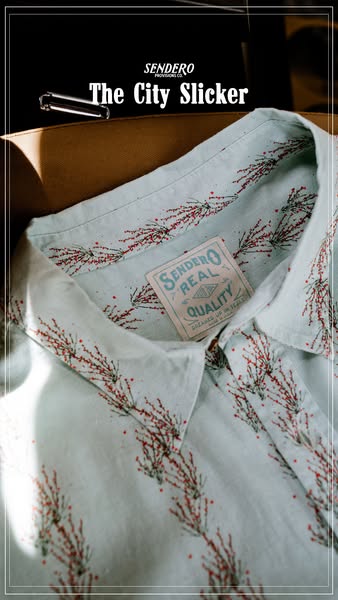 This ad features a men's button-down shirt from Sendero Provisions Co. The shirt has a light blue color with a red b