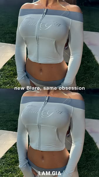 This ad features a woman wearing apparel from I.AM.GIA's 'Blare' collection. The photo has been split into t