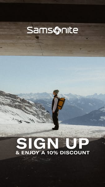 This Samsonite ad features a person standing in a snowy mountainous landscape with a yellow backpack. The ad encourages 