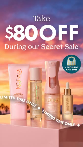 The ad showcases four Kopari products against a pink and orange sunset background. It advertises an $80 off during the b