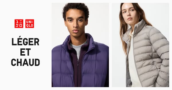 This ad showcases Uniqlo's lightweight and warm down jackets, featuring a split-screen design with models wearing di