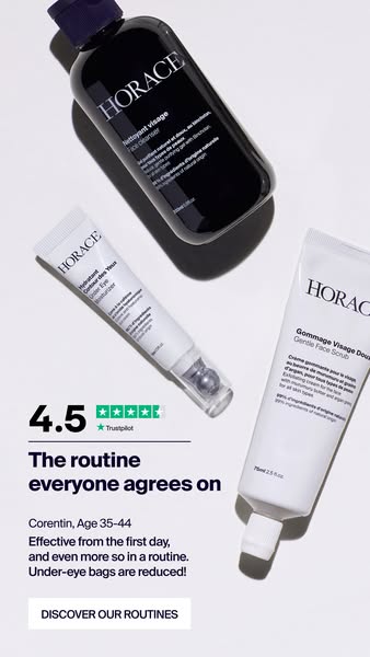 Image ad featuring three Horace skincare products and a 4.5 star review. The ad copy includes a testimonial from Corenti