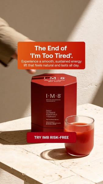 This ad promotes I-M-8 Daily Ultimate Essentials, emphasizing its ability to provide a smooth, sustained energy lift tha