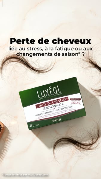 This ad highlights that hair loss can be linked to stress, fatigue, or seasonal changes. It then presents Luxeol hair su