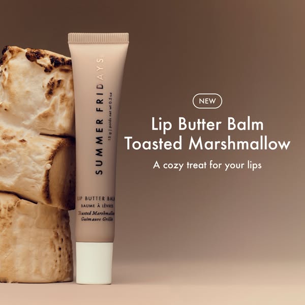 This ad promotes Summer Fridays' Lip Butter Balm in Toasted Marshmallow flavor. It features an image of the product 