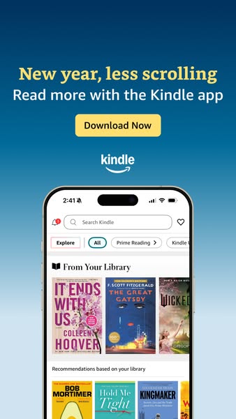 The ad encourages viewers to read more with the Kindle app in the new year. It displays a mock up of the Kindle app'