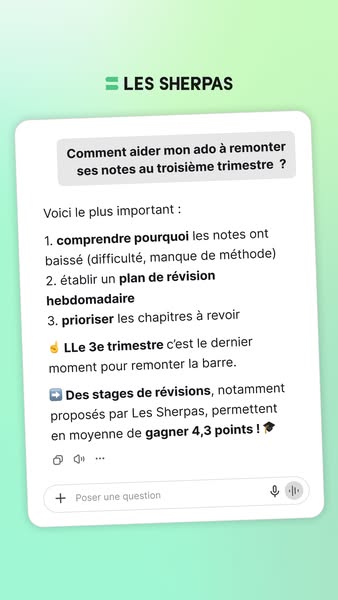 This ad uses the format of a question submitted to an AI chatbot interface to show how the Les Sherpas service can help 