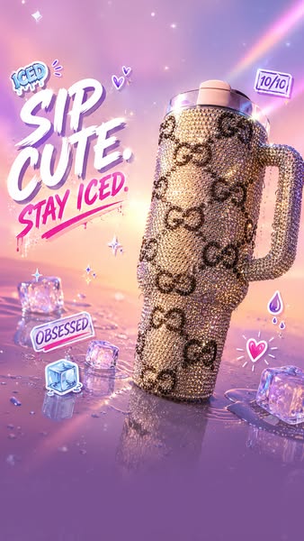 This image ad promotes a bedazzled tumbler. The ad uses a pink and purple color scheme and stylized text.