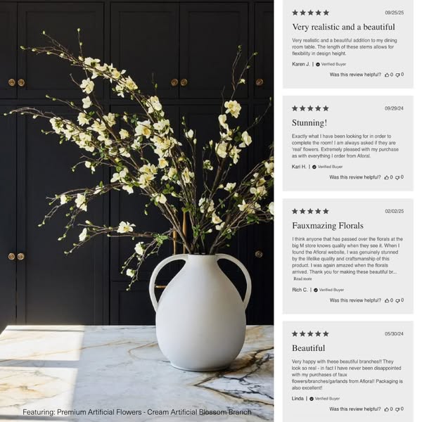 The ad showcases Afloral's Premium Artificial Cream Blossom Branch flowers, highlighting their realistic appearance 