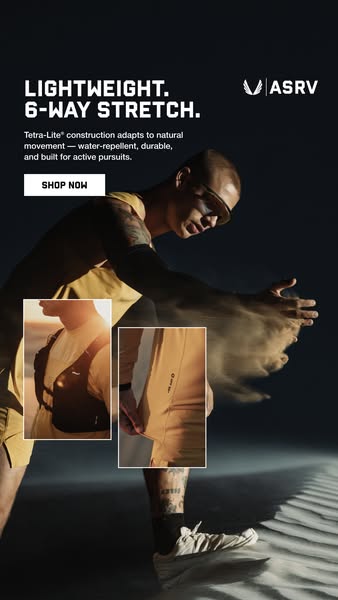 This ad highlights the brand ASRV and its apparel. It mentions the product is lightweight with 6-way stretch and adapts 