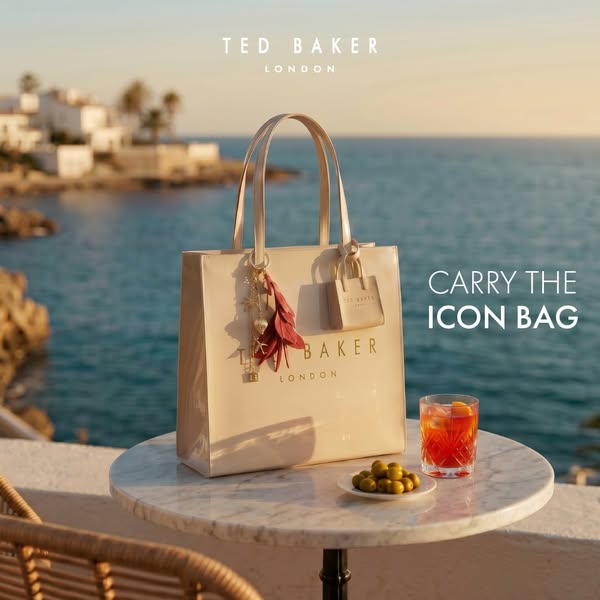 This ad showcases a Ted Baker Icon Bag in a lifestyle setting. The bag is placed on a table next to a cocktail, suggesti