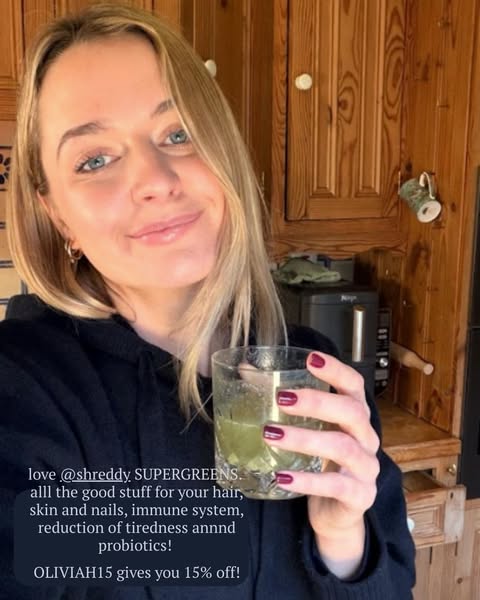 An image ad for Shreddy Supergreens, as promoted by a blonde woman in what appears to be her home. The ad highlights sev