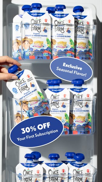 This ad features the Once Upon a Farm brand and their organic fruit and veggie blends. The ad emphasizes a limited time 