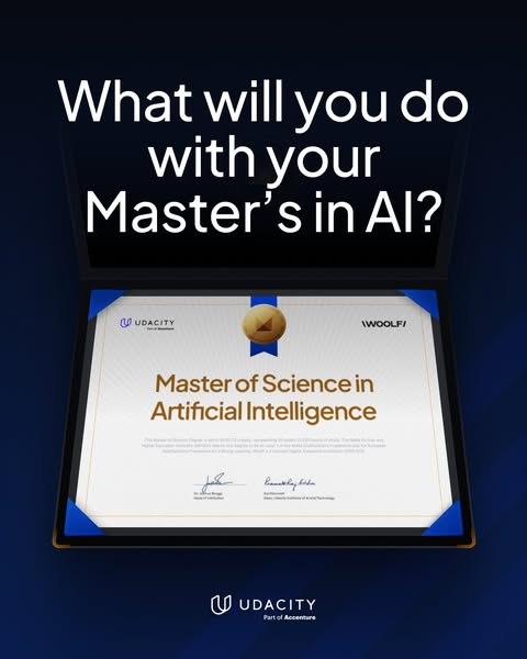 This ad promotes Udacity's Master of Science in Artificial Intelligence program. It features a framed diploma and as