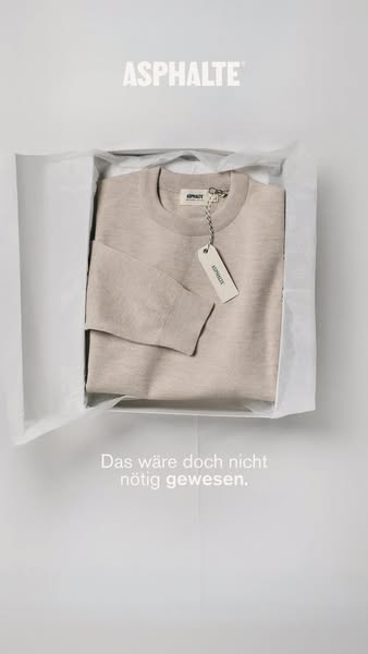 This ad showcases a sweater from Asphalte, neatly packaged in a white box. The minimalist aesthetic highlights the brand
