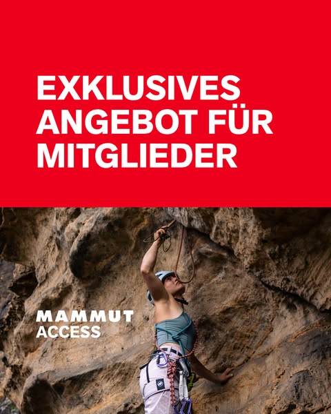 An advertisement for Mammut Access, featuring a climber on a rock face and promoting an exclusive offer for members.