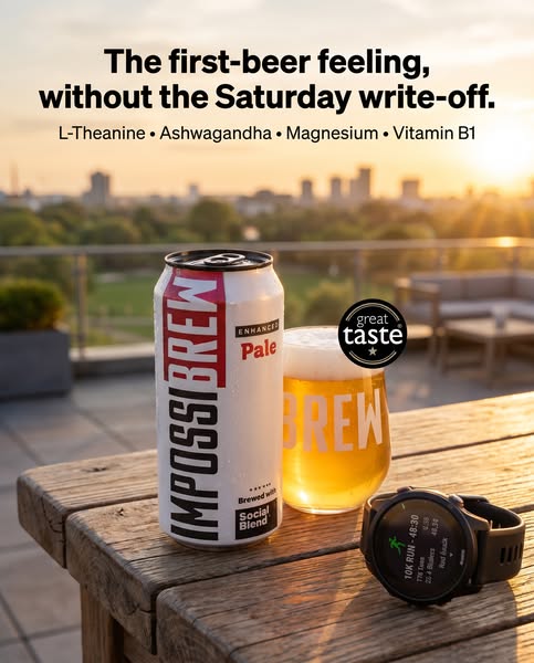 This image ad showcases a can of Impossibrew, an alcohol-free beer alternative, alongside a glass of the beverage and a 