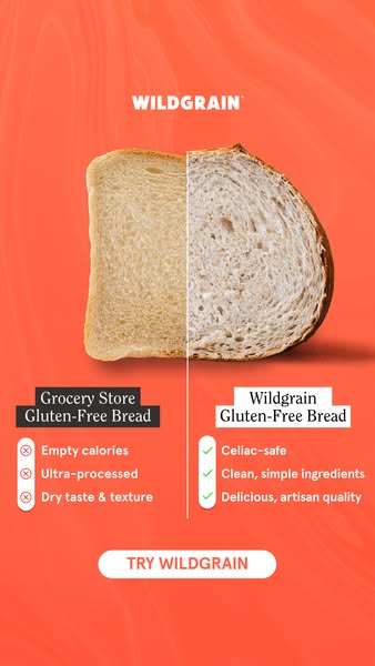 This ad compares the Wildgrain Gluten-Free Bread to grocery store gluten-free bread, highlighting Wildgrain's qualit