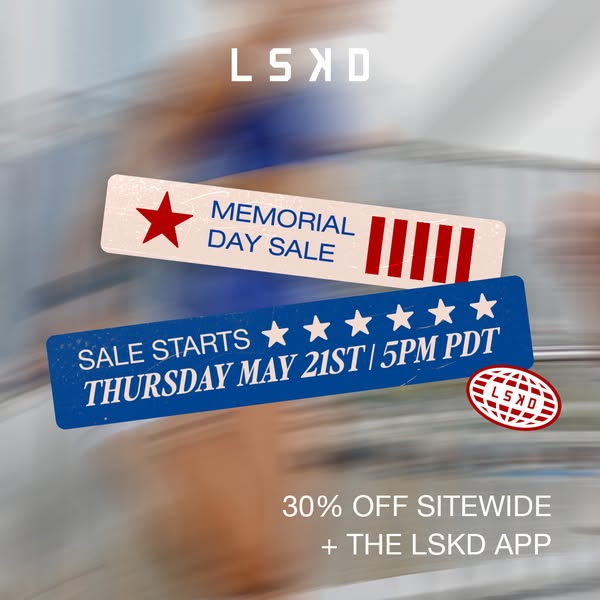 This ad for LSKD announces a Memorial Day sale with 30% off sitewide, plus on the LSKD app. The sale starts Thursday, Ma